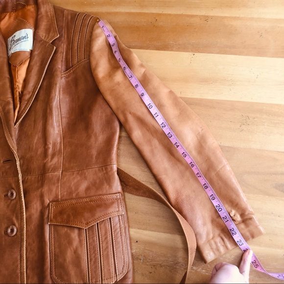Vintage 70s Belted Leather Jacket Caramel Brown Leather Cognac Tailored Medium - Picture 14 of 16
